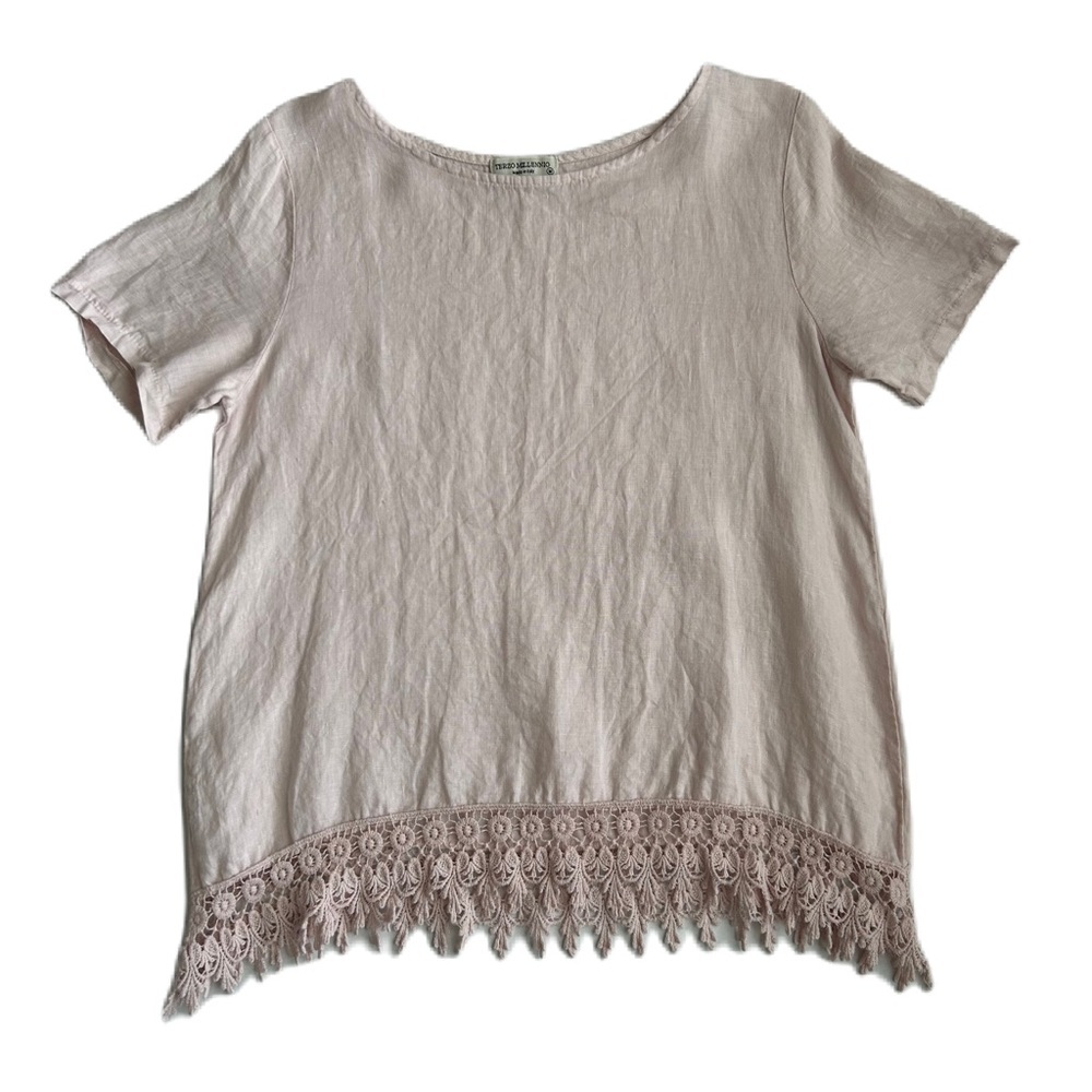 Terzo Millennio Top Women's Pink Short Sleeve Linen‎ Crochet Lace Medium